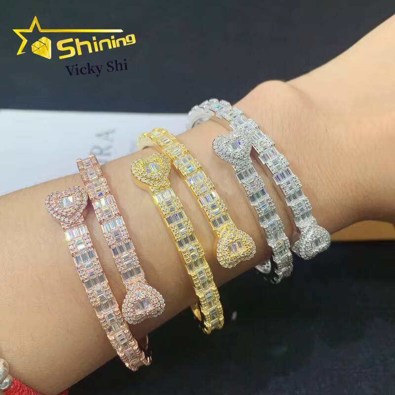 Shining New Double Heart Style Bangle Iced Out Bracelet Moissanite S925 Silver Baguette Moissanite Diamond Bracelet
