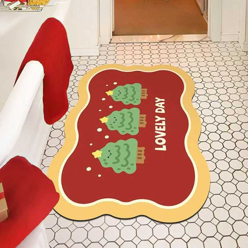 Christmas red cartoon diatom mud floor mat bathroom toilet door water absorption non-slip foot mat quick drying door mat H251205