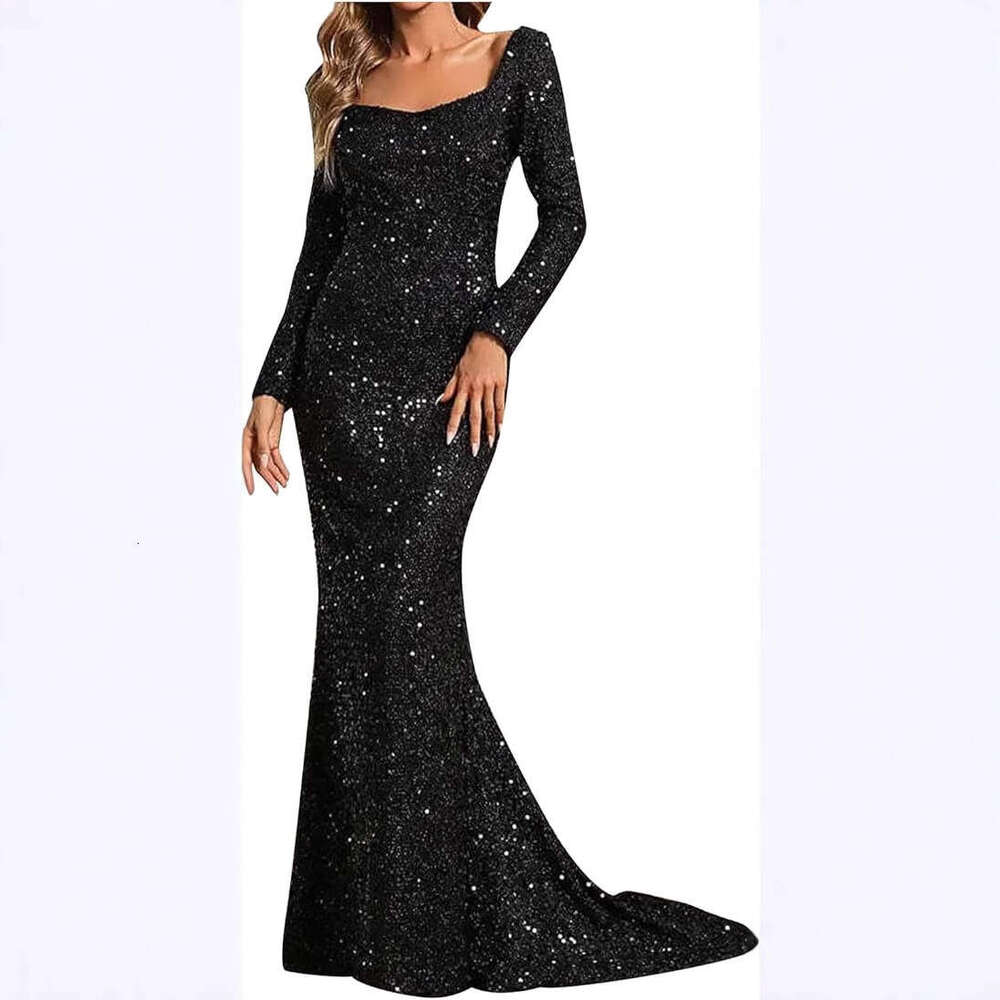 Evening Dress For Women Luxury Designer 2026 New Fashion V-Neck Bodycon Sequin Dress Mid-Waist Flared Sleeve Long Evening Gown