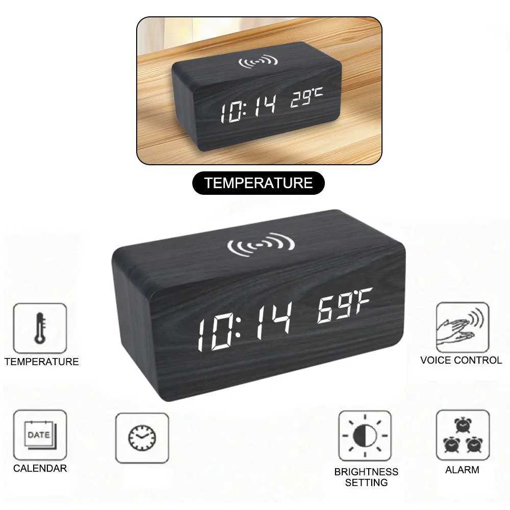 Wooden Desk Digital Clock Phone Chargers LED Display Temperature Wooden Digital Alarm Clock Wireless Charger Desk Table Clocks M251205 - view 3
