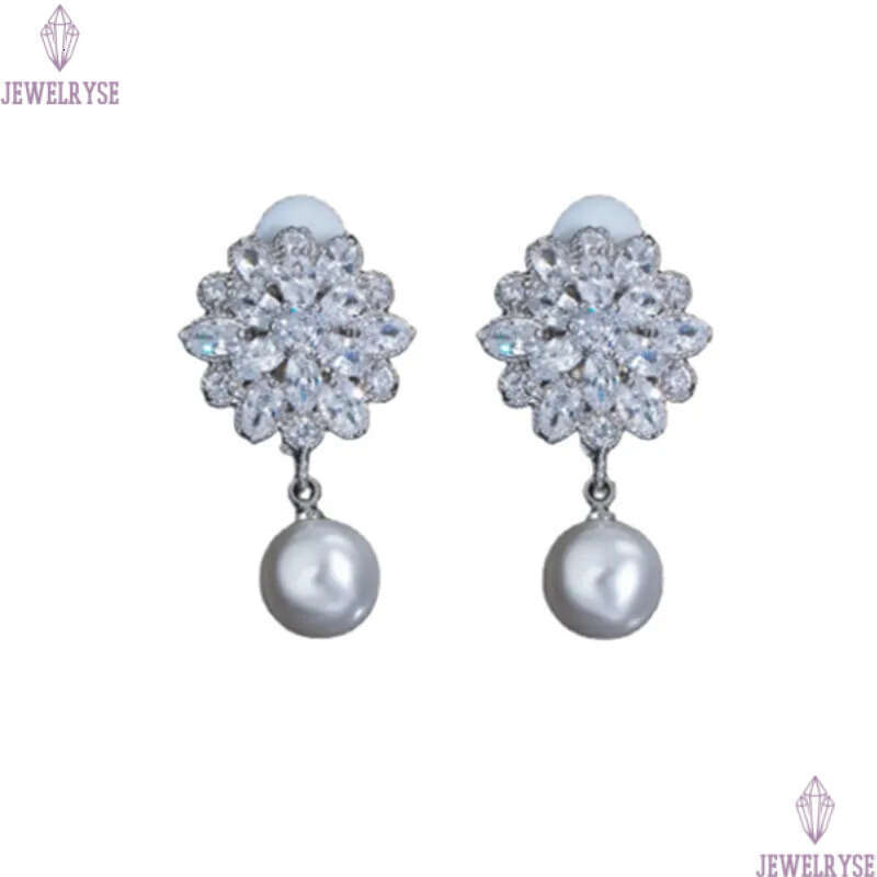 Luxury Clip on Screw Back Flower Earring Designer for Woman AAA Cubic Zirconia Diamond Silver Bridal Wedding Dangle Earrings Jewelry Elegant Female Ac