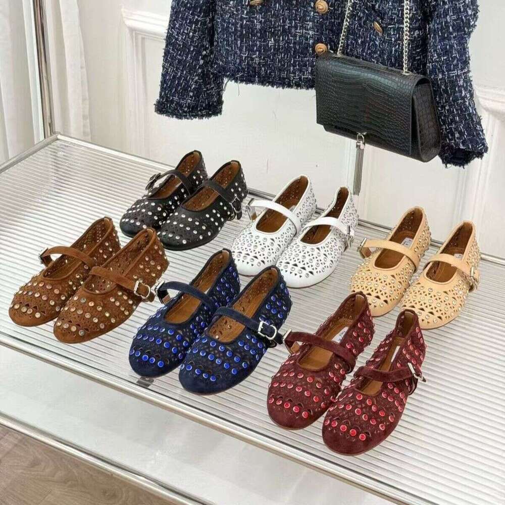Luxury ala High quality Mesh Round toe Hollowed-out Mary Jane shoe Ballet flats with strap ballerina Flat loafers slip on designer Vacation Walking Ballet shoes
