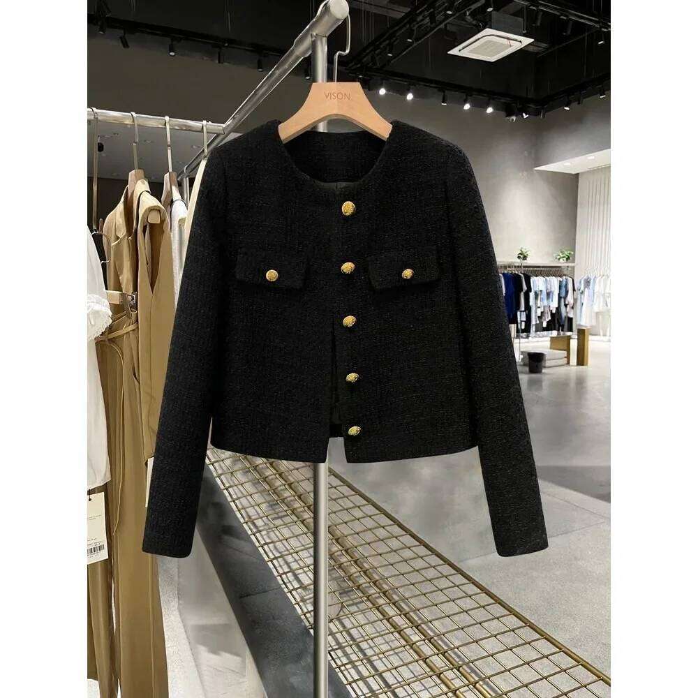 Fashion 2026 Black Fluffy Lined Crew Neck Short Jacket French Style Thick Tweed Top For Small Stature Hot Sale Of The Season New Arrival Prem Designer