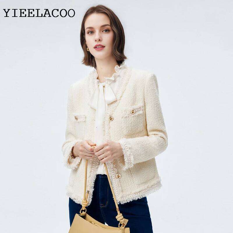 Fashion 2026 Beige Tweed Jacket Professional V-Neck Spring /Autumn Women's Business Ladies One-Piece Classic Jacket Designer
