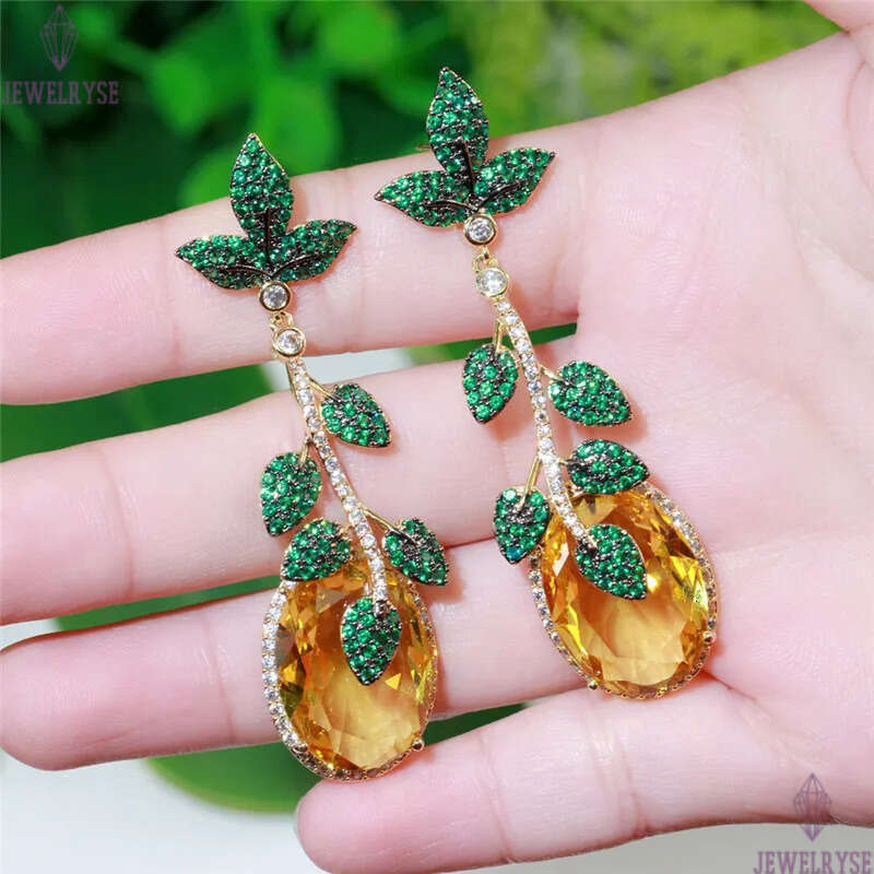 Luxury Vintage Charm Leaf Designer Earring for Woman Party Yellow AAA Cubic Zirconia South American Copper Long Womens Diamond Earrings Jewelry Girlfr