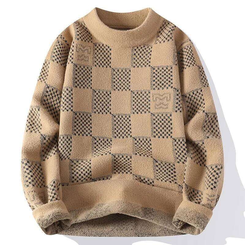 New Checkered Sweater American 2024 Trendy Men's Tops Classic Autumn Knitted Hoodie Fashionable Slimming Harajuku