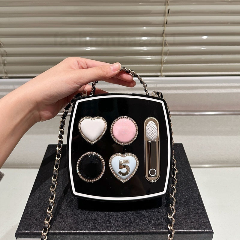 Designer --Ladies Lovely Mini Makeup Bag Evening Case with Metal Handle Colorful Heart Diamonds Letters Decoration Golden Matelasse Chain Crossbody 13cm