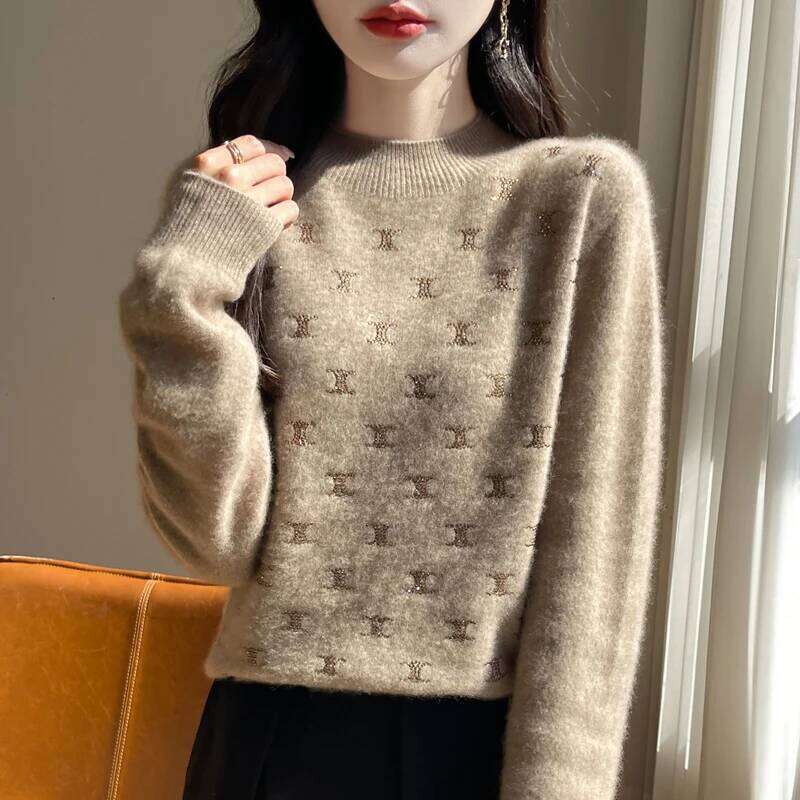 Women Fine Thickening Sweater Half-High Collar Leaf Studded With Diamonds Pullover Female Knitted Basis Tops Autumn Winter
