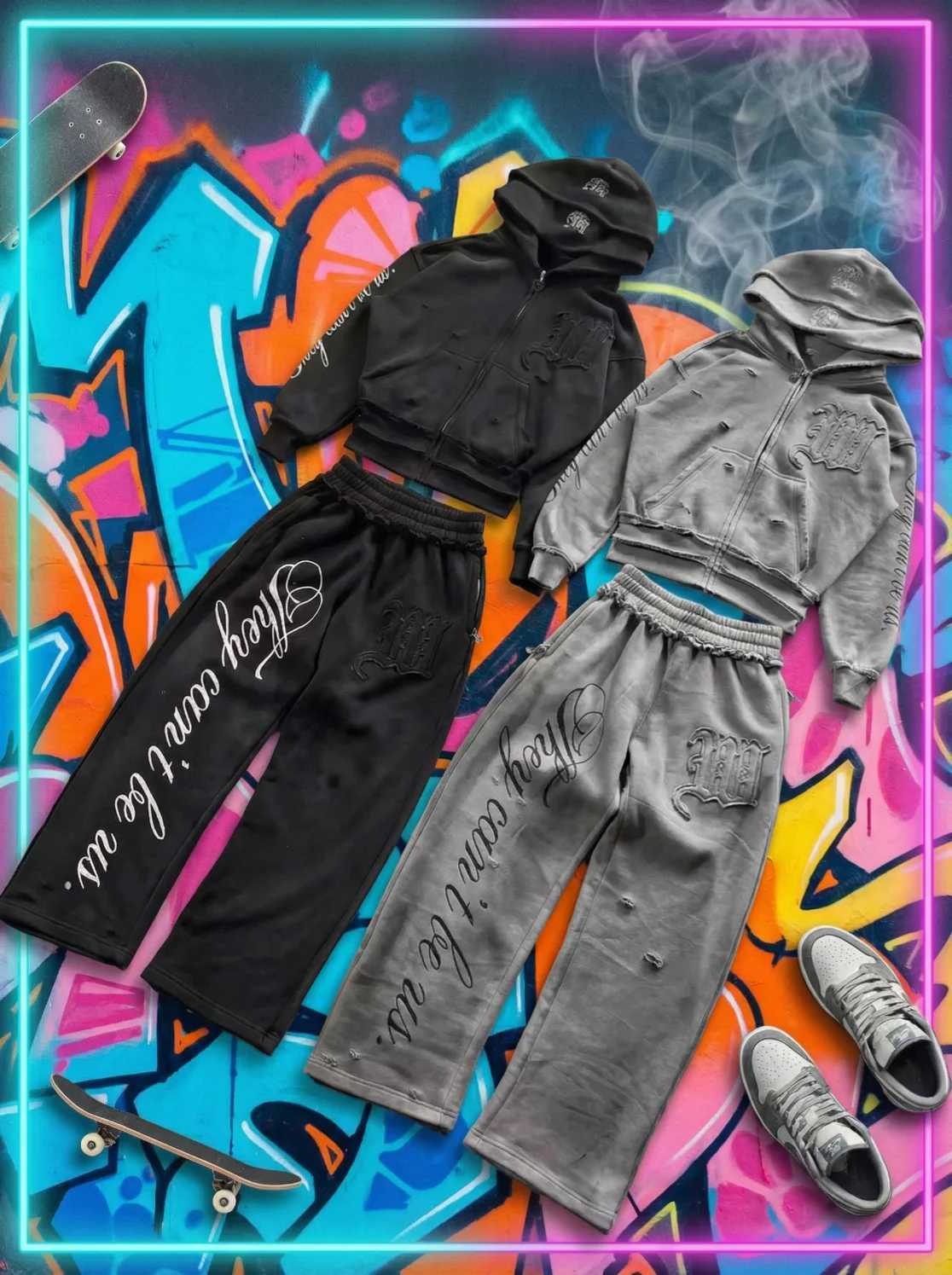 Gothic Distressed Zip Up Hoodie Set Men Women Retro Handwritten Text Print Casual Set Street Style Fashionable Couple Casual Set X251205