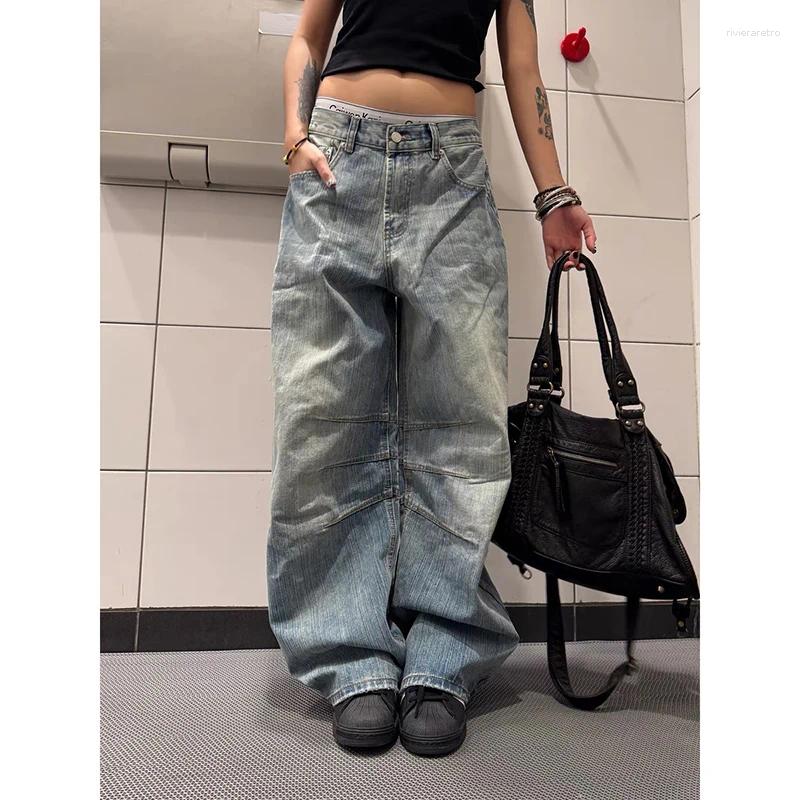 Women's Jeans Korean Fashion Vintage Y2K 2000s Blue Washed 2025 Autumn Loose High Waisted Straight Leg Pants Female Clothing Z260313