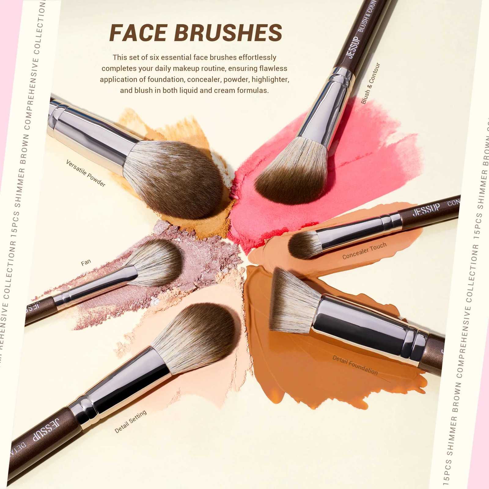 Jessup Makeup Brushes set 15pcs Brown Make up Brushes Vegan Foundation Blender Concealer Powder Eyeshadow Highlighter BrushT498T251205