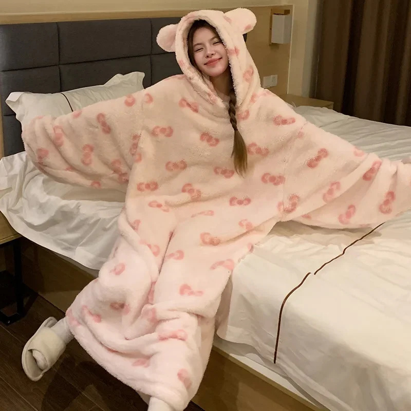 Thickened Coral Fleece Sleepwear Womens Winter Hat Hood Long Sleeve Plush Robe Velvet Dressing Gown Home Clothes Pyjamas 251129 - view 5