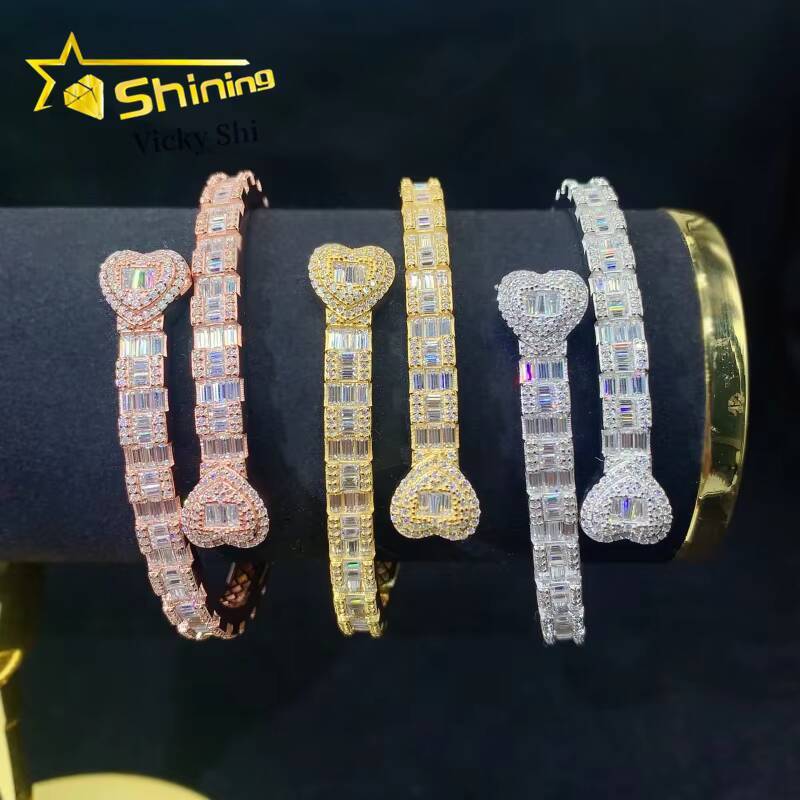 Shining New Double Heart Style Bangle Iced Out Bracelet Moissanite S925 Silver Baguette Moissanite Diamond Bracelet