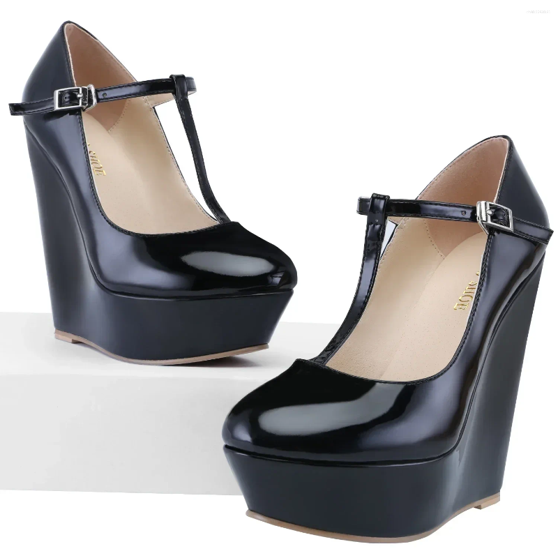 Dress Shoes Women Platform Wedge Heels Pumps Autumn Winter 14cm Round Toes T-Strap High Heeled Gladiator Ladies Party Wedding
