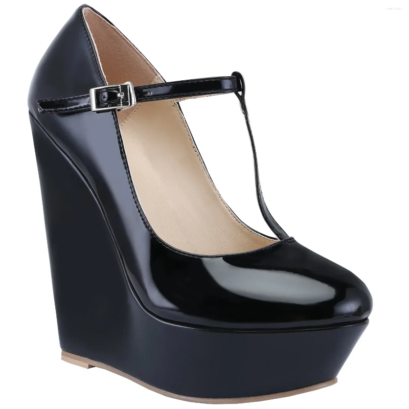 Dress Shoes Women Platform Wedge Heels Pumps Autumn Winter 14cm Round Toes T-Strap High Heeled Gladiator Ladies Party Wedding
