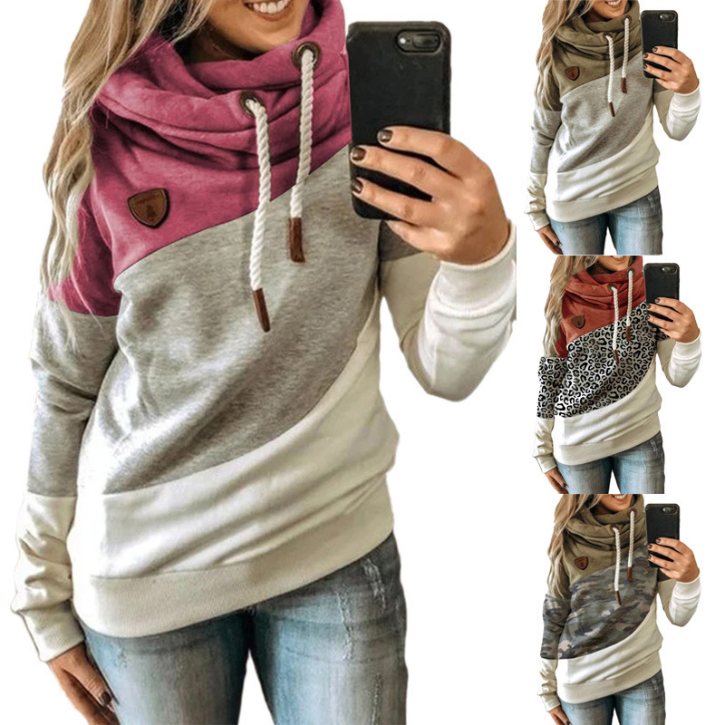 Autumn and winter womens casual fashion contrast color stitching Hooded Fleece loose sweater