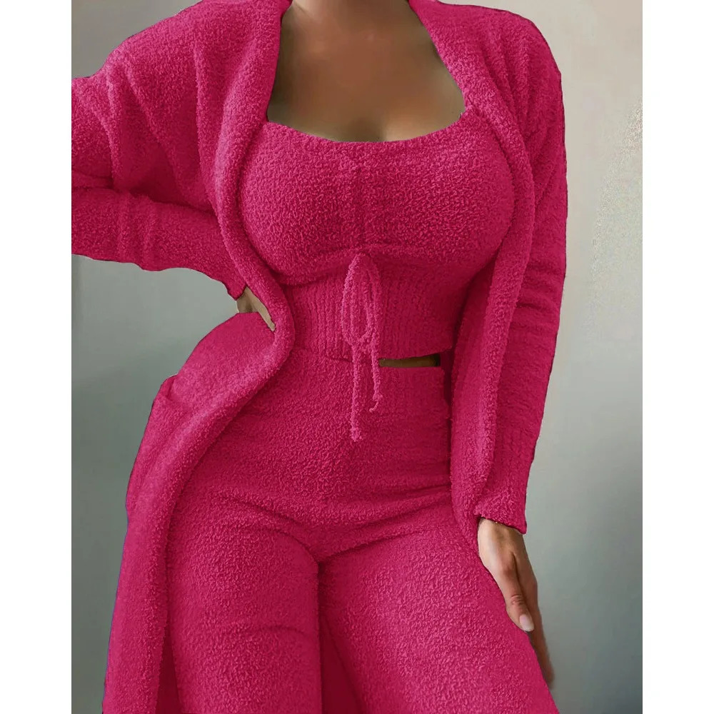 Pajama Woman Winter Fluffy Pajamas Set for Women Casual Solid Sleepwear 3 Pieces Suit Long Pants Homewear Pijama 251129
