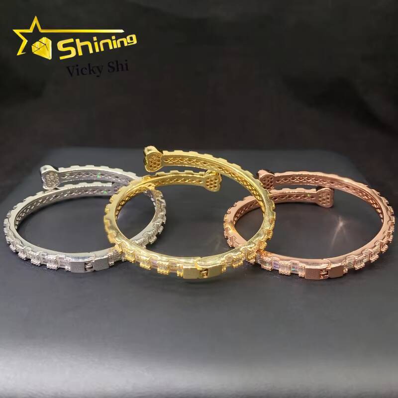 Shining New Double Heart Style Bangle Iced Out Bracelet Moissanite S925 Silver Baguette Moissanite Diamond Bracelet