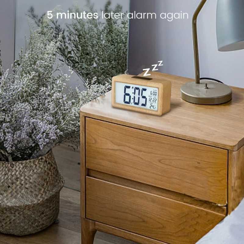 1PC Clock with Large LCD Backlit Display Alarm Clock Wooden Bedside Temperature Snooze Function Brightness Sensor M251205 - view 4