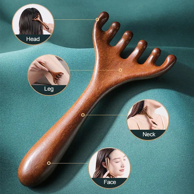 Wooden Meridian Massage Comb Anti-static 6-Claw Head Massager BGua Sha Tool Head Massage Brush AMS05 251204