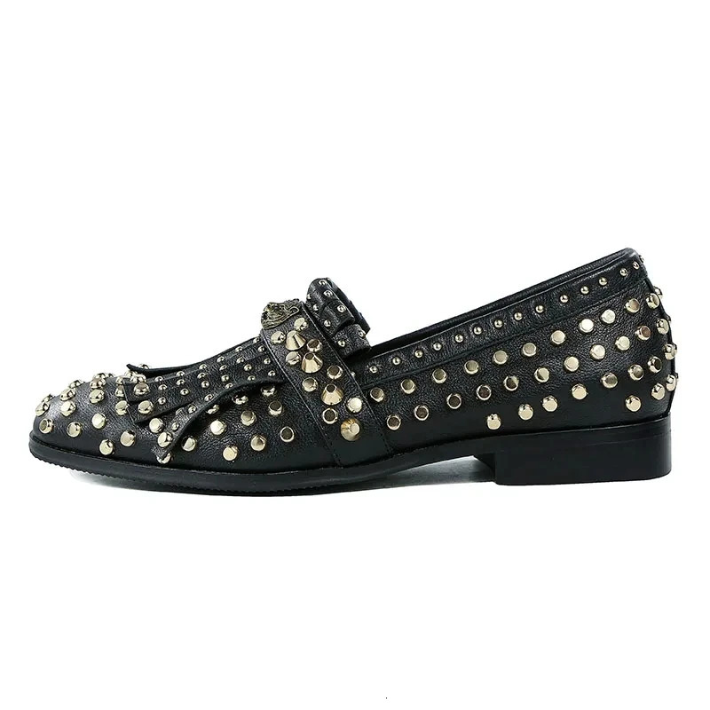 Handmade Rivet Tassel Dress Shoes Man Pointed Toe Black Real Cow Leather Slip On Flats Male Party Shoes 251204