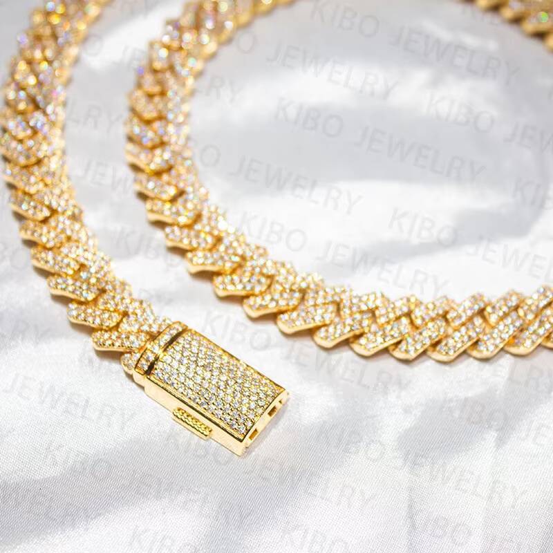 Luxury Hip Hop Jewelry Gold Plated 12MM Prong Setting 925 Silver VVS Moissanite Cuban Link Chain Necklace