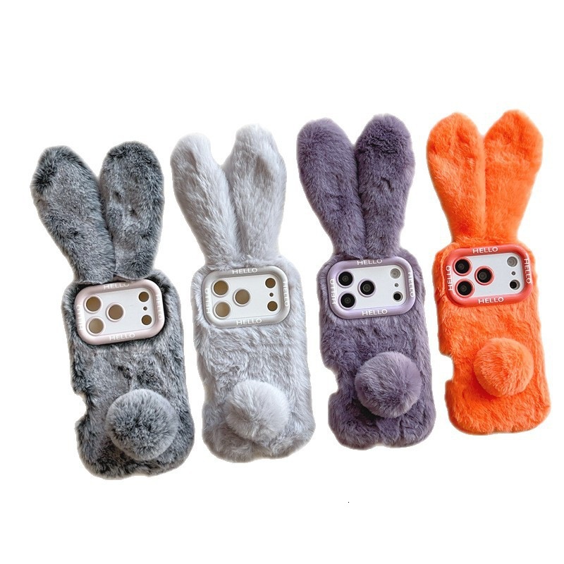 Autumn and Winter Plush Bunny Ears Compatible with iPhone 17 Pro Max Apple 16 Phone 15 Solid Color Hand Warmer Case 14
