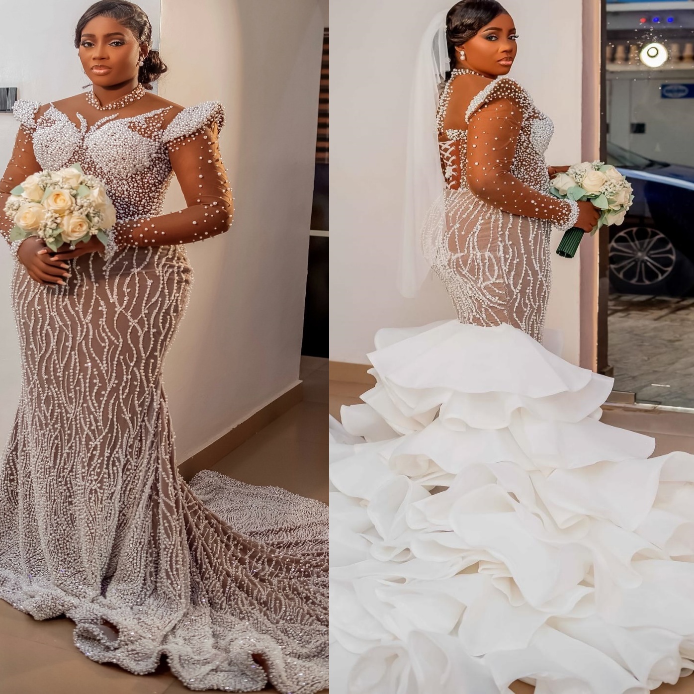 2026 Arabic Aso Ebi Plus Size Ivory Wedding Dresses Illusion Pearls Full Sleeves Detachable Train Luxurious Bridal Gowns Dress For Brides ZJ2055
