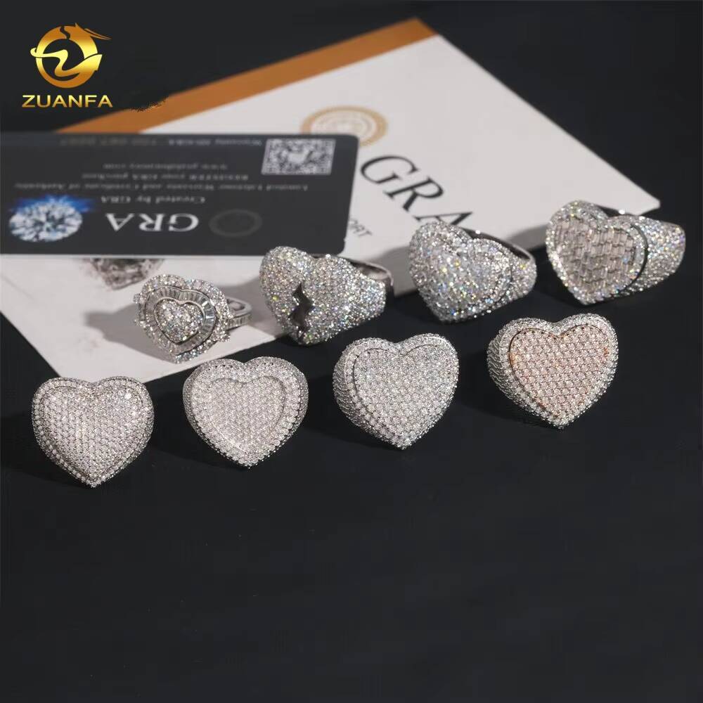 High Quality VVS Moissanite Jewelry 7Designs Heart Shape Ring Iced Out Diamond 925 Silver Fine Hip Hop Jewelry Men Ring