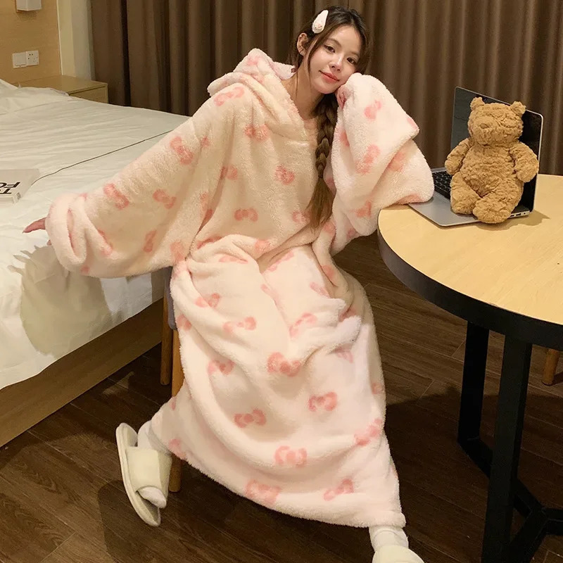 Thickened Coral Fleece Sleepwear Womens Winter Hat Hood Long Sleeve Plush Robe Velvet Dressing Gown Home Clothes Pyjamas 251129 - view 4