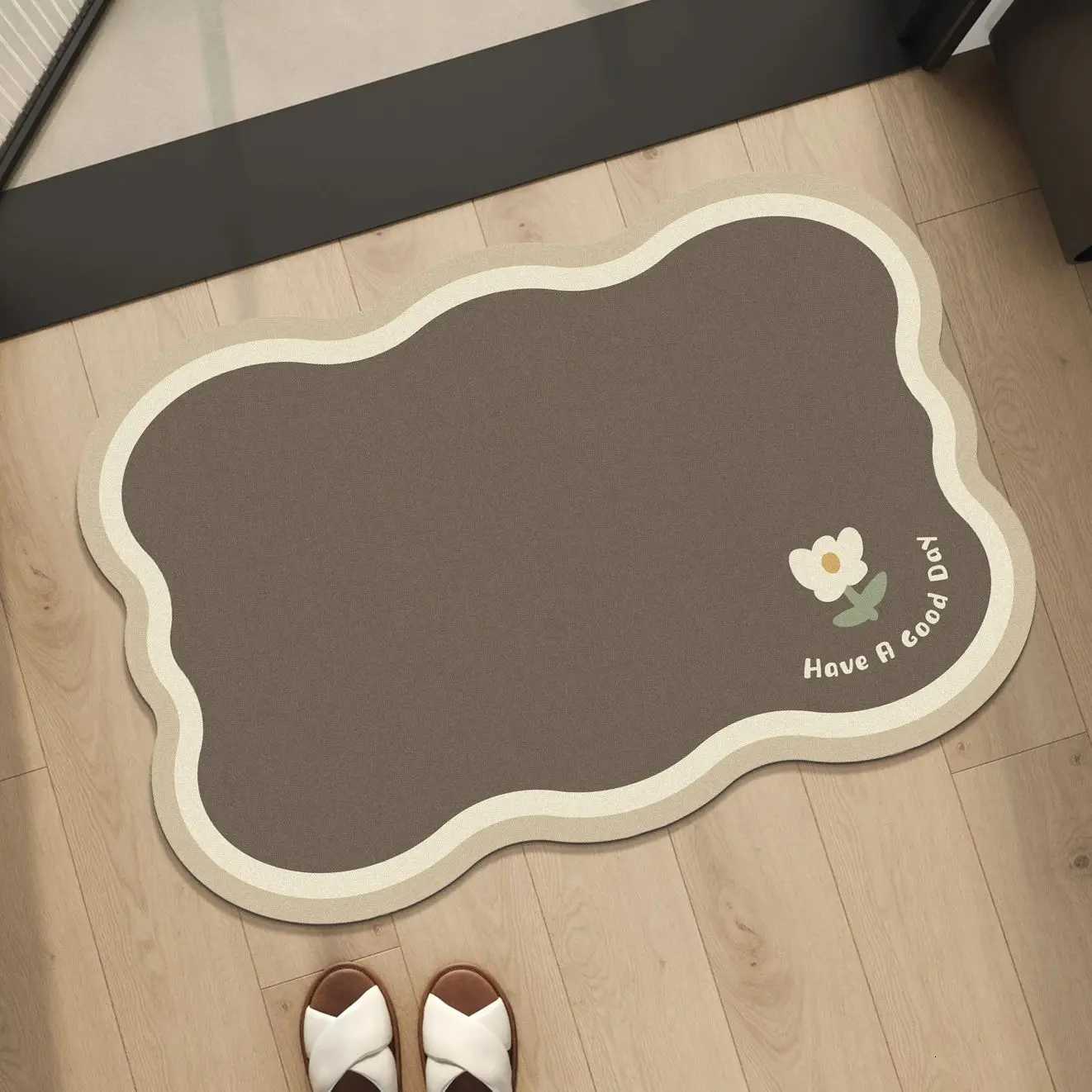 Rubber material super anti-slip bathroom mat quick-absorbing and quick-drying floor mat simple brown flower printed door mat H251205