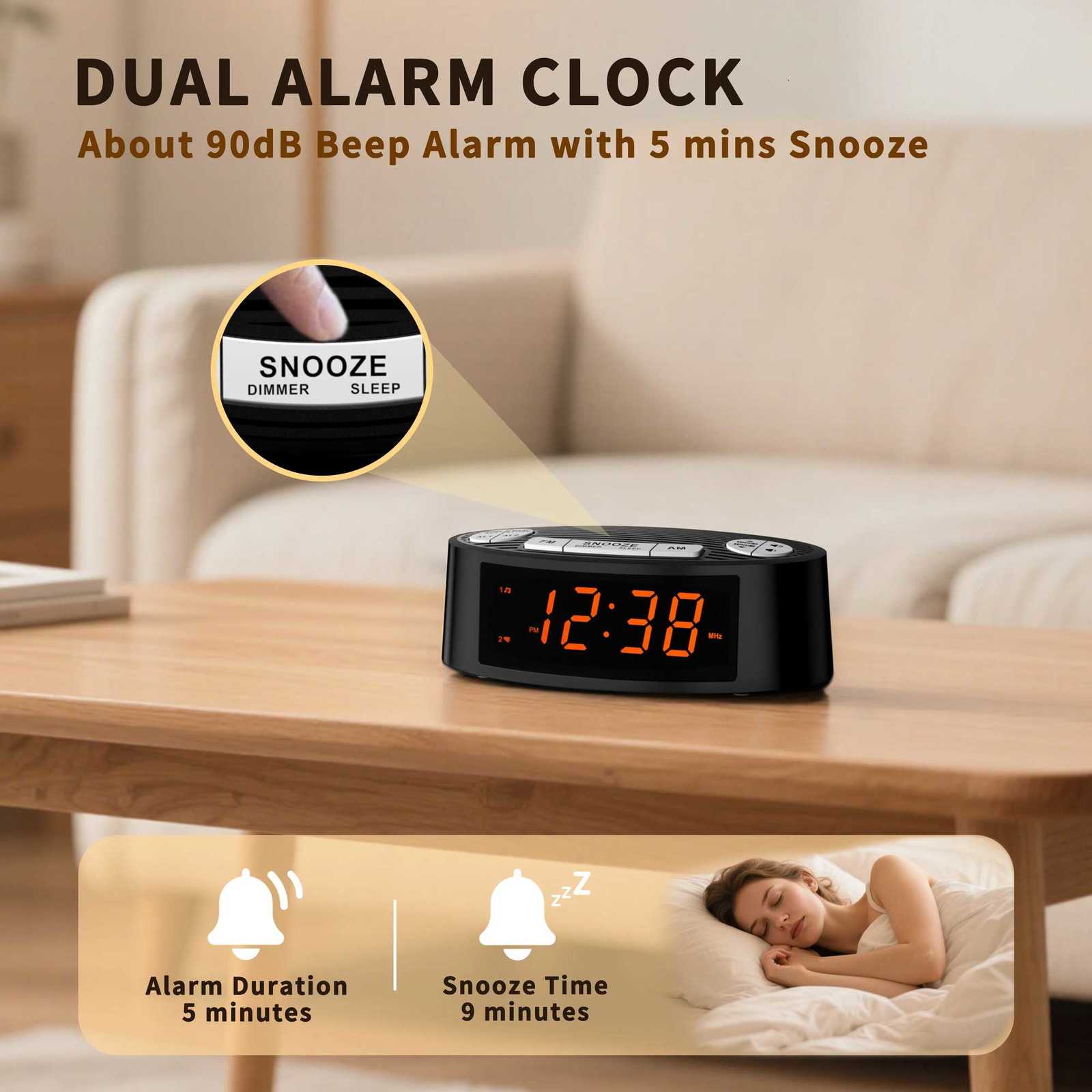 AM/FM Alarm Clock Radio with Dual Alarm Sleep Timer Snooze Functions Orange LED Display 4-Level Dimming Option iTOMA CKS3301U M251205 - view 3