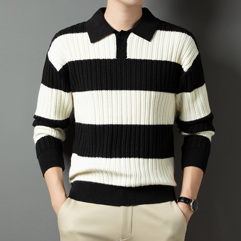 Mens Fashion Striped Button Polo Collar Long Sleeve Pullover Knitted Sweater Mens Casual Slim Fit Sweater Top 240906