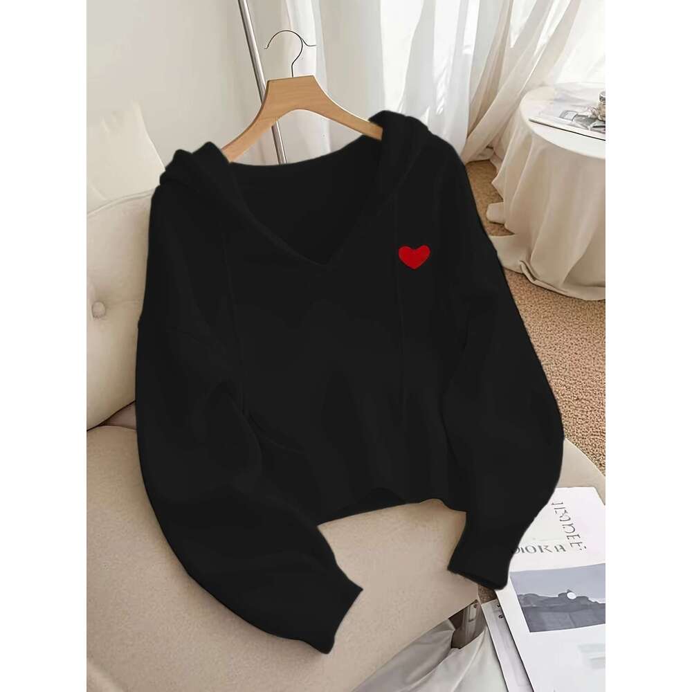 Women's Oversized Hooded Sweatshirt With Red Heart Patch - Cozy Long Sleeve Medium Stretch Fabric, Drawstring Hood & Ribbed Cuffs For Fall Winter