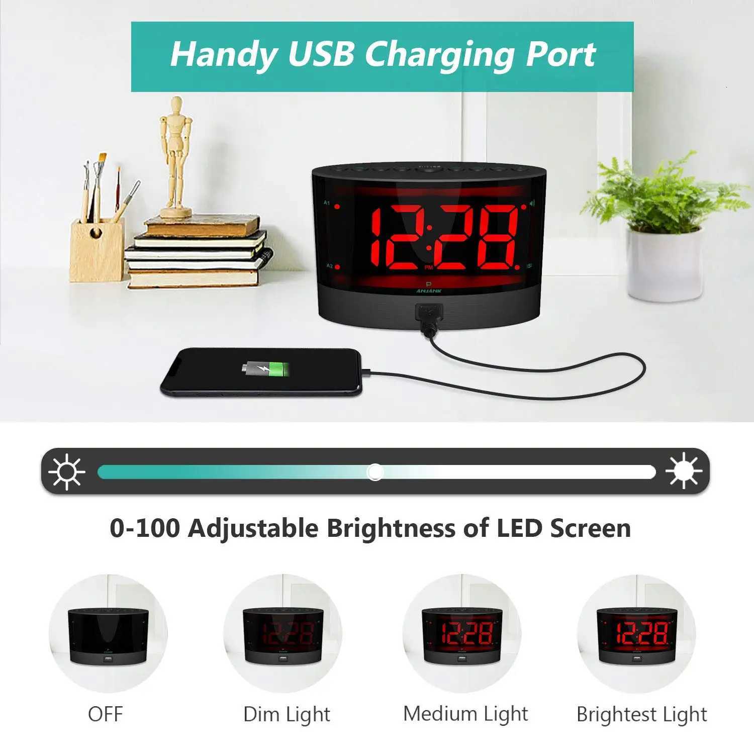 ANJANK Loud Alarm Clock for Heavy Sleepers with Wireless Bed ShakerVibrating for Deaf /Hearing-impairedDual AlarmUSB Charger M251205 - view 6