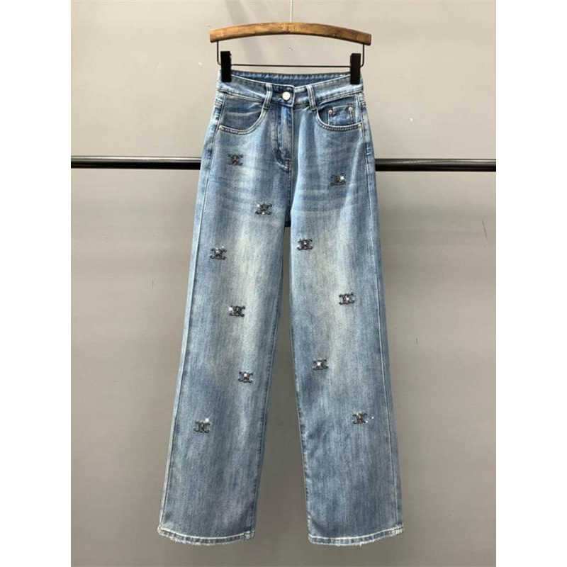 Letter-pressed studded denim wide-leg pants for women, spring new high-waisted stretch straight-leg trousers, small Chanel style trousers L251205