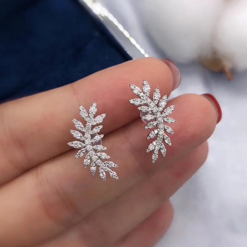 Personality Crescent Shaped CZ Crystal Leaf Feather Knot Stud Earrings for Women 925 Silver Ear Climbers Ear Female Jewelry 251202