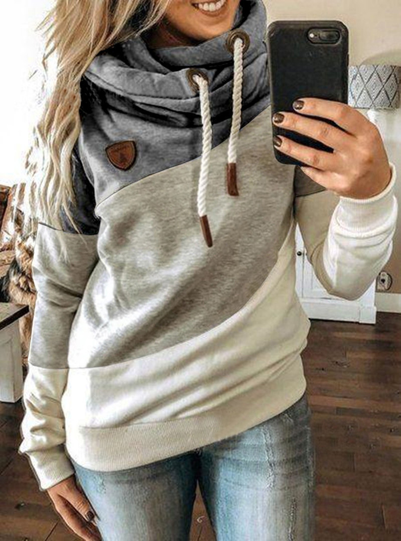 Autumn and winter womens casual fashion contrast color stitching Hooded Fleece loose sweater