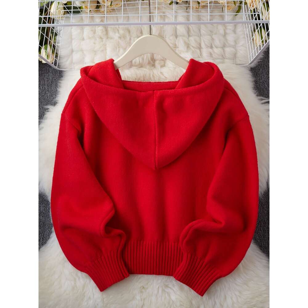 Women's Oversized Hooded Sweatshirt With Red Heart Patch - Cozy Long Sleeve Medium Stretch Fabric, Drawstring Hood & Ribbed Cuffs For Fall Winter