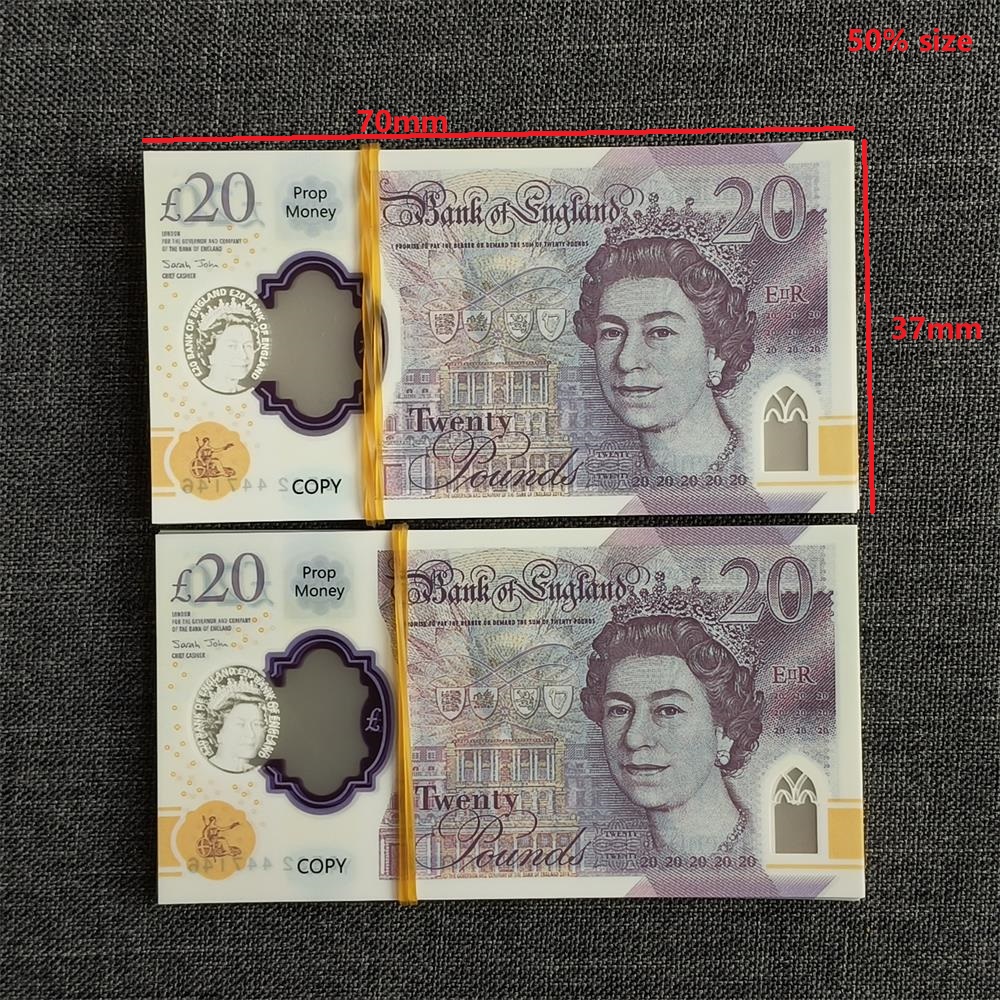 5A Transparent Polymer Prop-GBP 20 Pound Plastic Notes Clear Matte Window Realistic Movie Series for UK Party Favors Fake Money Pounds 70*37mm 50%