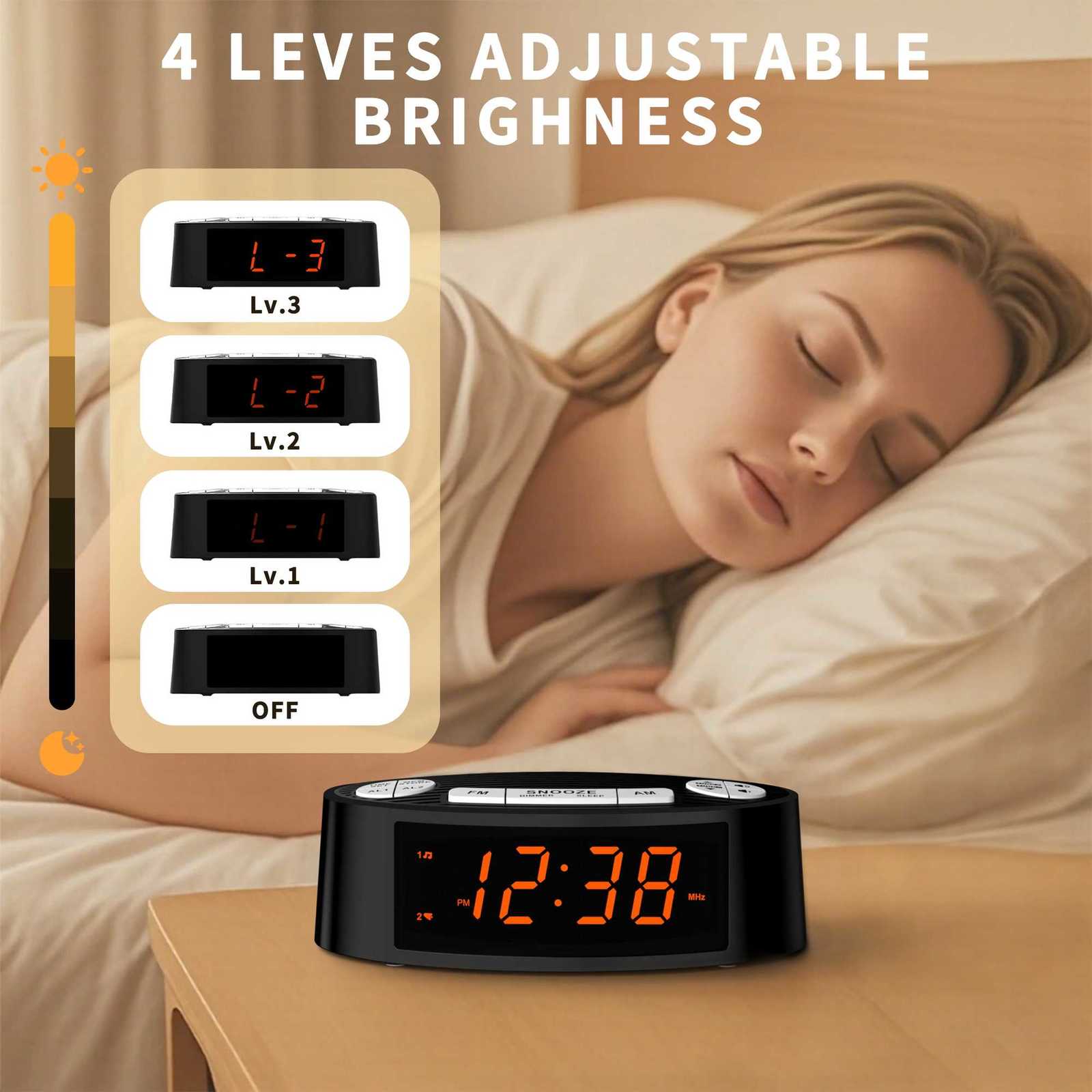 AM/FM Alarm Clock Radio with Dual Alarm Sleep Timer Snooze Functions Orange LED Display 4-Level Dimming Option iTOMA CKS3301U M251205 - view 4