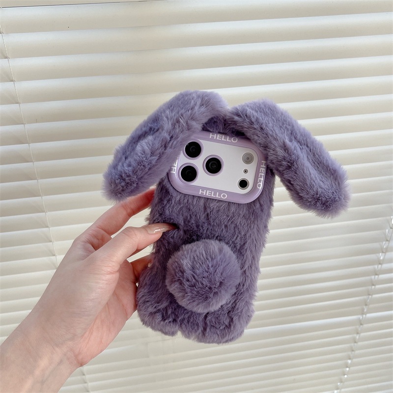 Autumn and Winter Plush Bunny Ears Compatible with iPhone 17 Pro Max Apple 16 Phone 15 Solid Color Hand Warmer Case 14