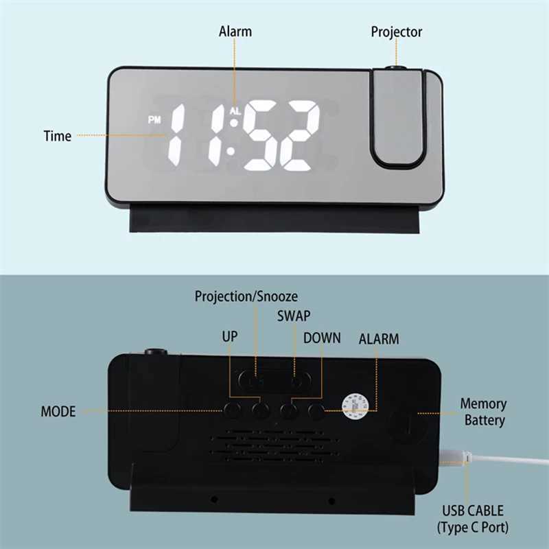 Digital Projection Alarm Clock with Rotatable Ceiling/Wall Projector Bedside Desktop Clock Large Display for Bedroom Office M251205 - view 7
