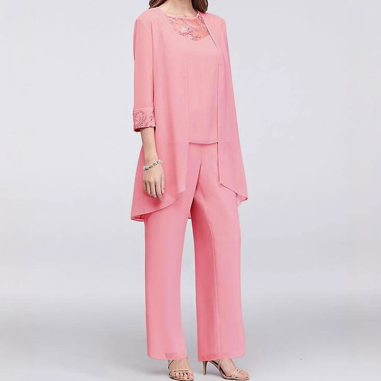 Plus Size Floral Lace 3/4 Sleeve Solid Three Pieces Set Pant Suits for Women's Matching Set Chiffon Elegant Loose Autumn Outfit 240125CJ