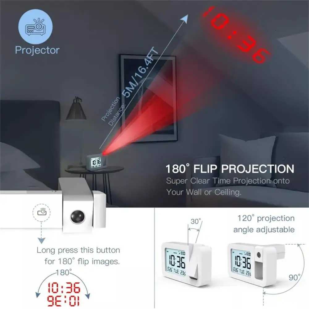 180 Projection Alarm Clock LED Digital Electronic Clock Temperature and Humidity Date Display Bedroom Office Desktop Clock M251205 - view 4