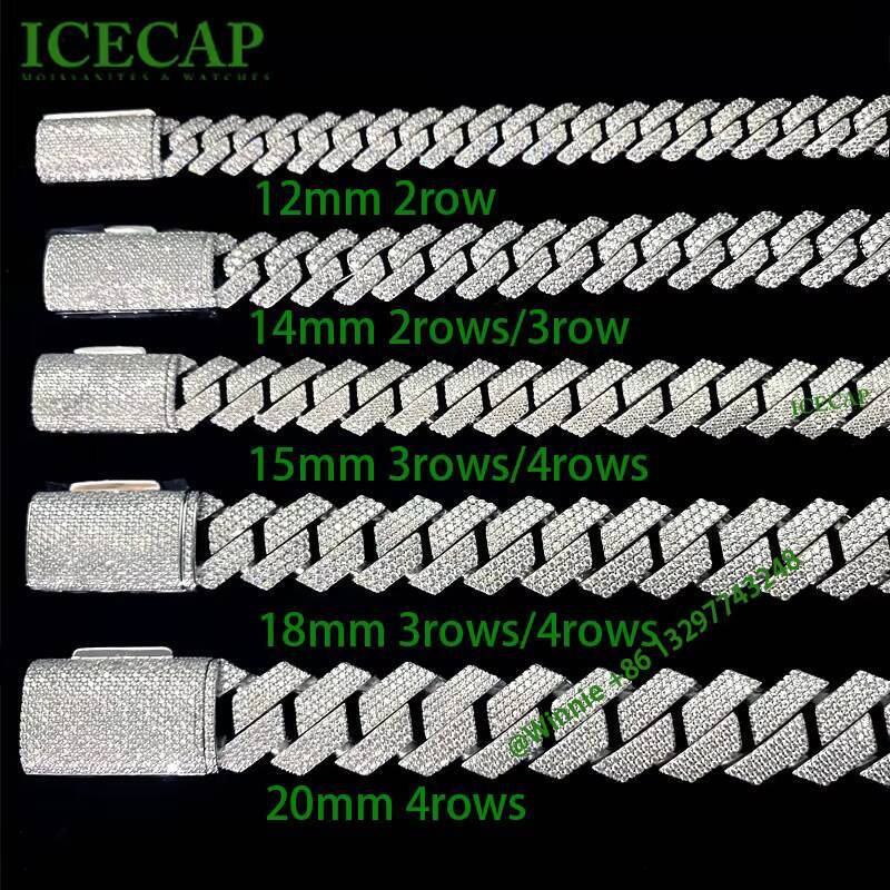 In Stock VVS Moissanite Diamond Brilliant Cut 925 Sterling Silver White Gold Plated Hip Hop 12mm Cuban Link Chain Necklace