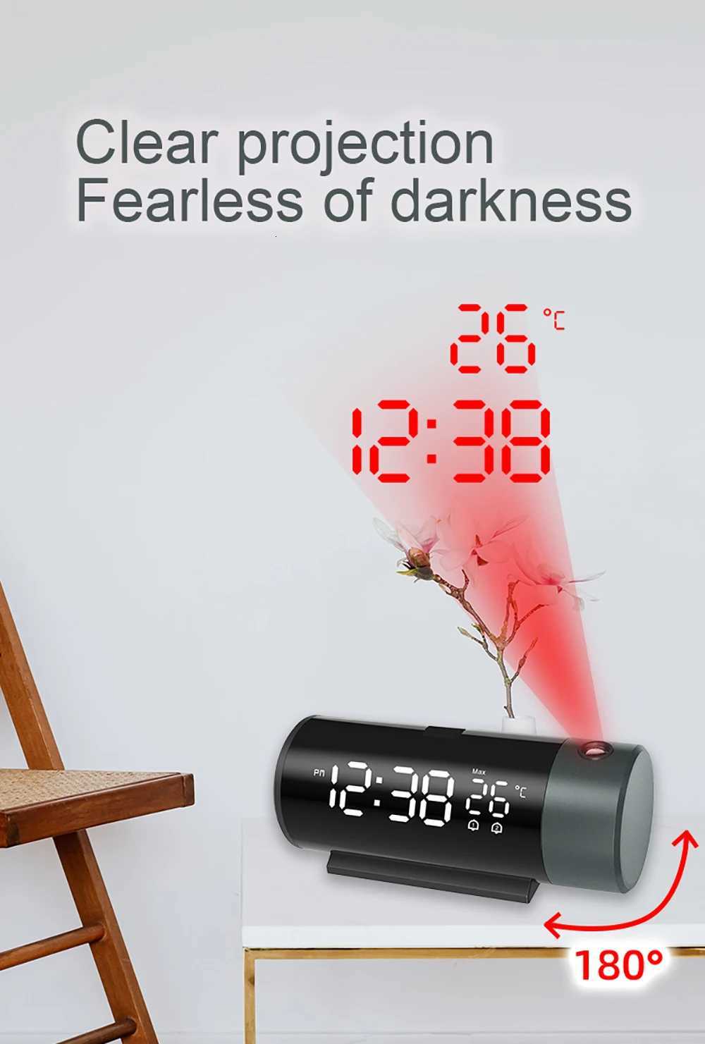 Projection Digital Alarm Clock with 180 Rotatable Projector Clear LED Display4-Level Brightness Dimmer for Bedroom M251205 - view 3