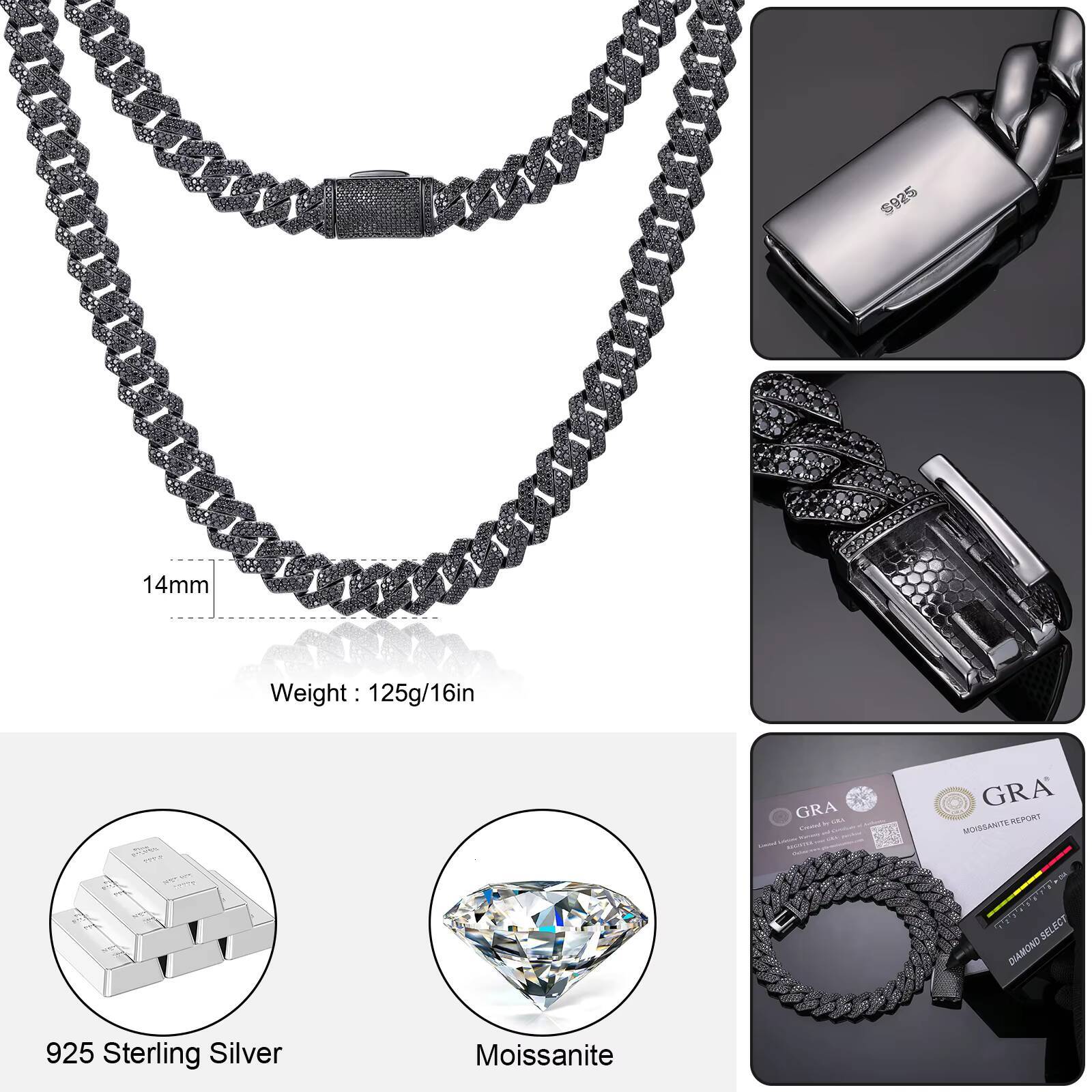 Punk Hip Hop Jewelry Mens Black Gold Plated 14mm S925 Silver Black VVS Moissanite Diamond Iced Out Cuban Link Chain Necklace