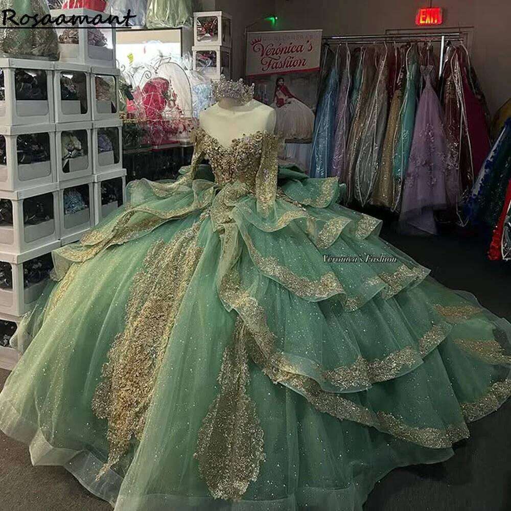 Glitter Mint Green Quinceanera Dress Ball Gown Floral Applique Beading Mexico Sweet 16 Vestido De 15 Anos