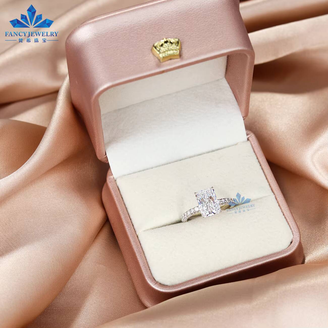Customized Luxury 14K Solid Gold Engagement Ring 30 CT Radiant Cut Moissanite 18K Four Claw Prong Wedding Ring